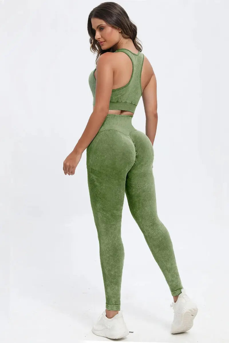 3 Piece Washed Square Neck Wide Strap Active Set for Women - Love Salve